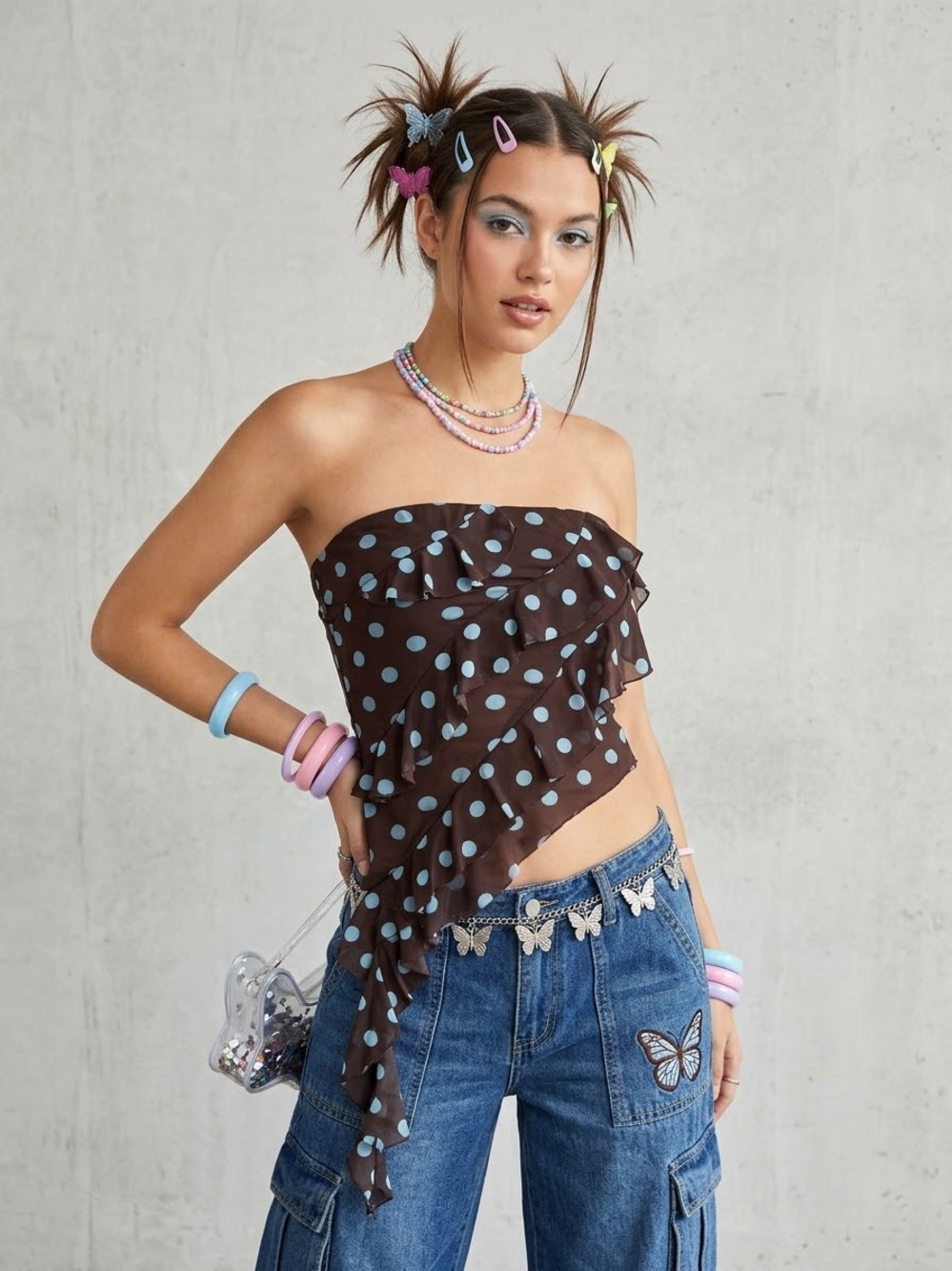 Thirty Thirty LA Polka Dot Trend Ruffle Top Brown Blue Asymmetrical Y2K Mesh S
